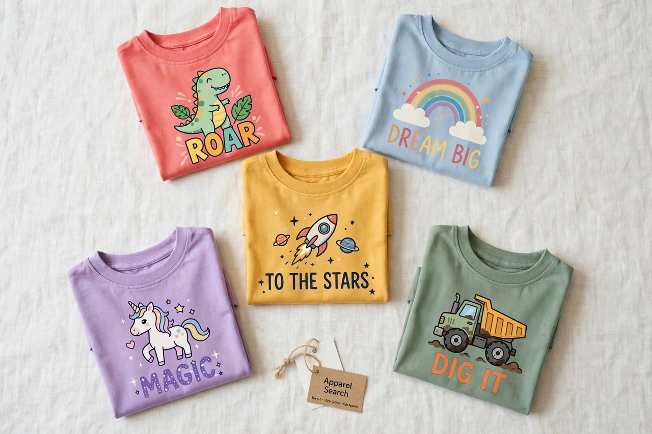 A flat lay of children's clothing products only - folded kids graphic t-shirts with colourful printed designs laid flat with a small Apparel Search tag, product photography with no people, no children and no mannequins