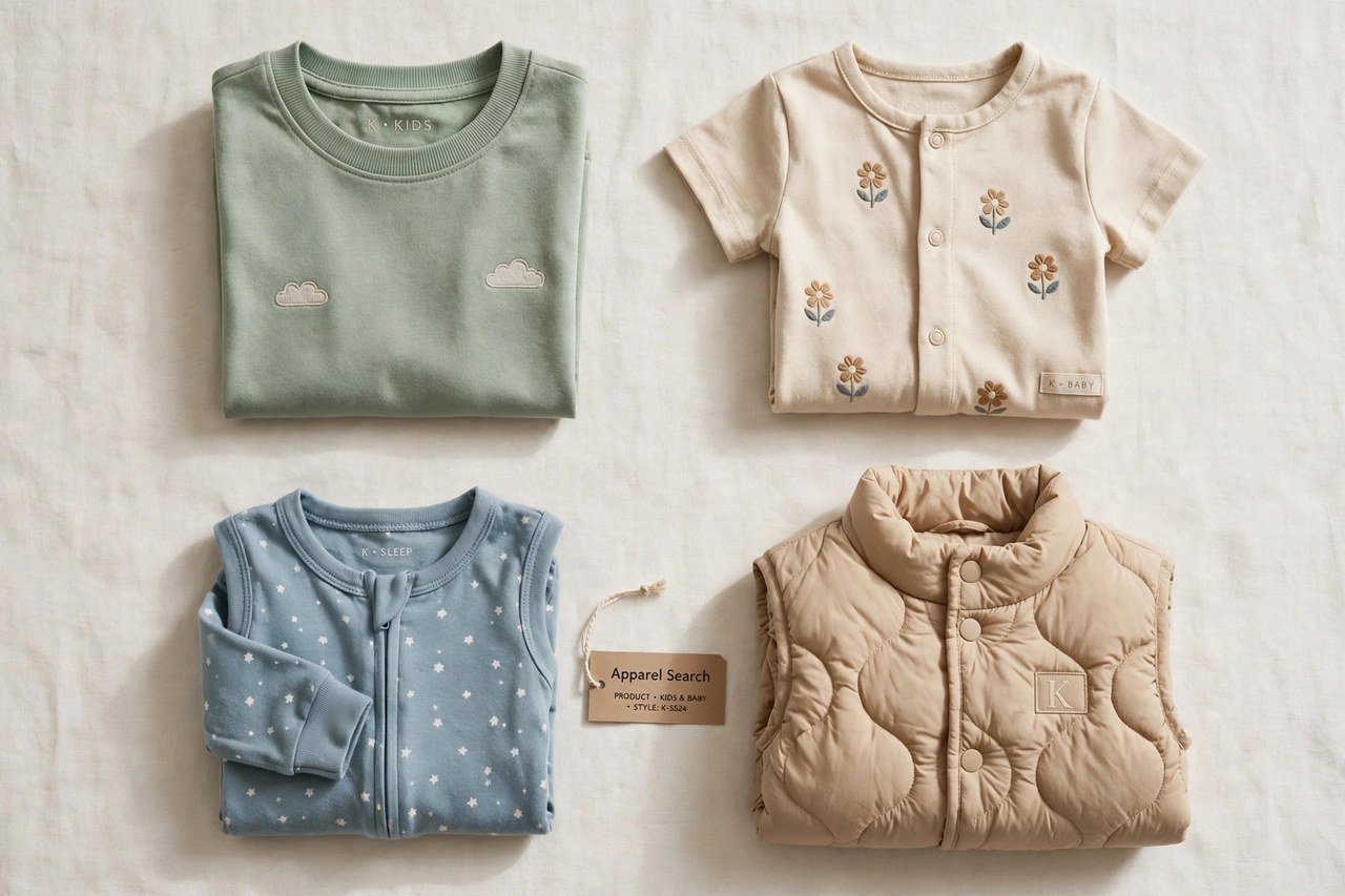 A flat lay of children's and baby clothing from the K brands as products only - folded kids tops and baby rompers, sleepers and outerwear arranged together with a small Apparel Search tag, product photography with no people, no children and no mannequins