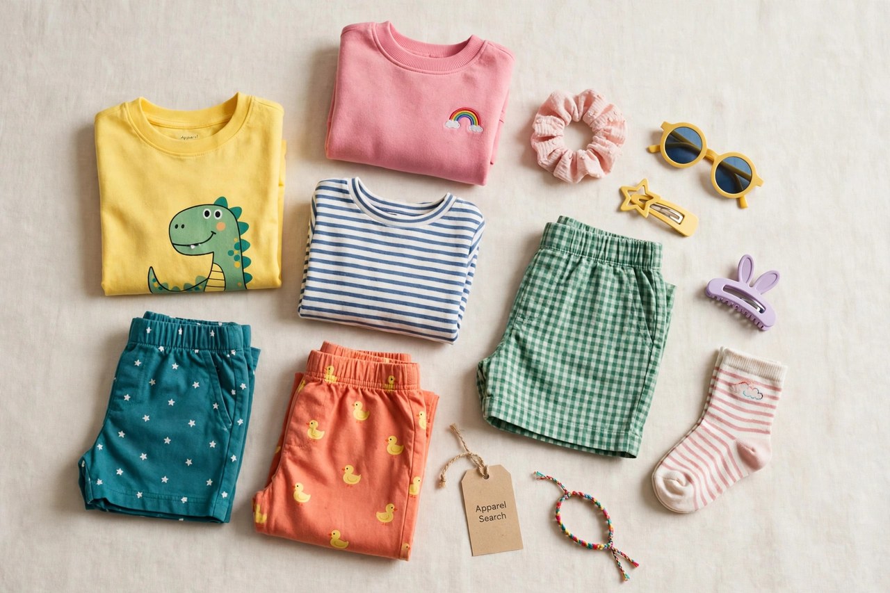 A flat lay of children's clothing products only - folded kids tops, bottoms and playful accessories in bright colours laid flat with a small Apparel Search tag, product photography with no people, no children and no mannequins