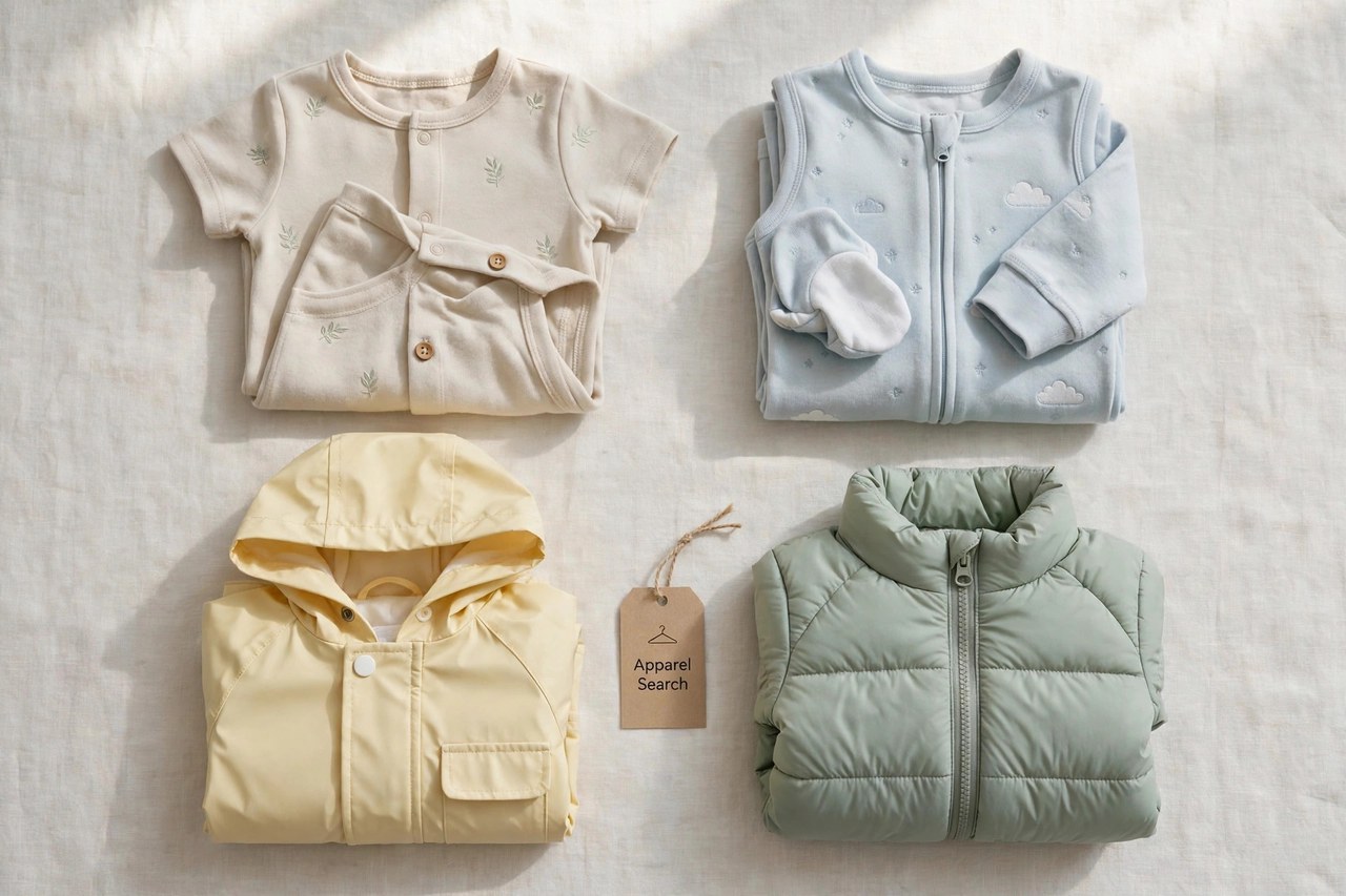A flat lay of baby clothing products only - folded rompers, sleepers, rainwear and outerwear in soft colours laid flat with a small Apparel Search tag, product photography with no people, no children, no babies and no mannequins