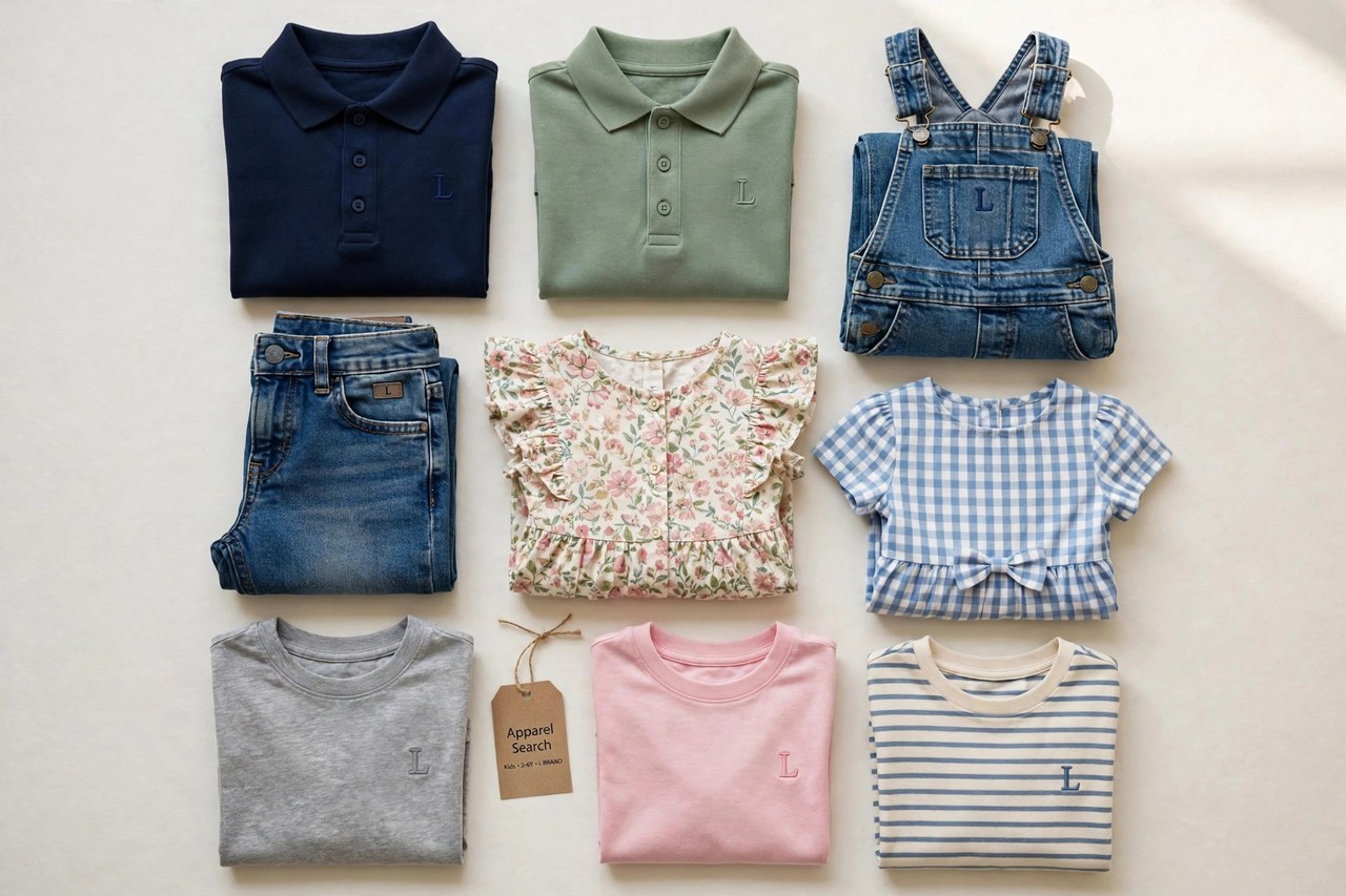 A flat lay of children's clothing from the L brands as products only - folded polo shirts, kids jeans, overalls, dresses and t-shirts arranged together with a small Apparel Search tag, product photography with no people, no children and no mannequins