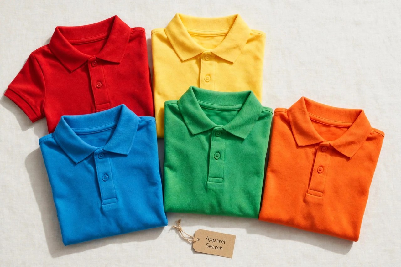 A flat lay of children's polo shirt products only - folded polo shirts in bright colours laid flat with a small Apparel Search tag, product photography with no people, no children and no mannequins