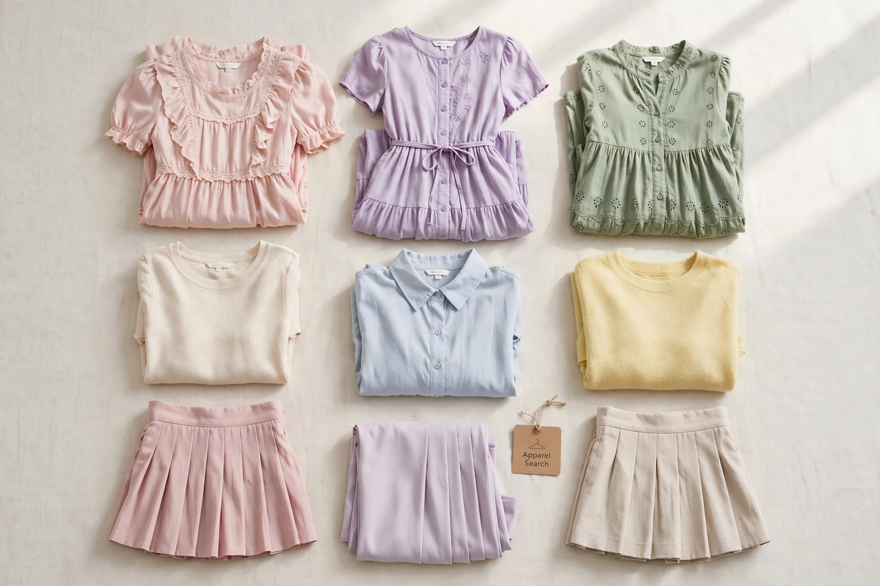 A flat lay of girls' clothing products only - folded soft dresses, tops and skirts in gentle colours laid flat with a small Apparel Search tag, product photography with no people, no children and no mannequins