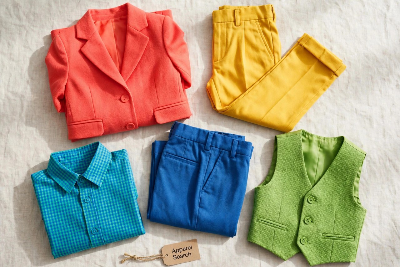 A flat lay of children's clothing products only - folded tailored separates in bright colours that mix and match, laid flat with a small Apparel Search tag, product photography with no people, no children and no mannequins