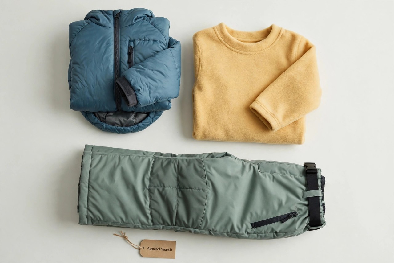 A flat lay of children's outdoor clothing products only - a folded insulated kids jacket, snow pants and a fleece top laid flat with a small Apparel Search tag, product photography with no people, no children and no mannequins