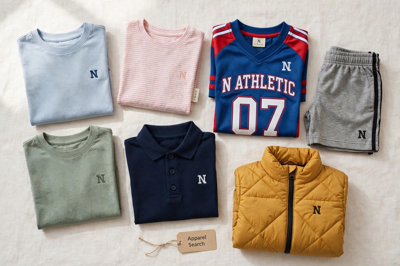 A flat lay of children's clothing from the N brands as products only - folded kids t-shirts, a polo shirt, a team-style jersey, athletic shorts and an insulated jacket arranged together with a small Apparel Search tag, product photography with no people, no children and no mannequins