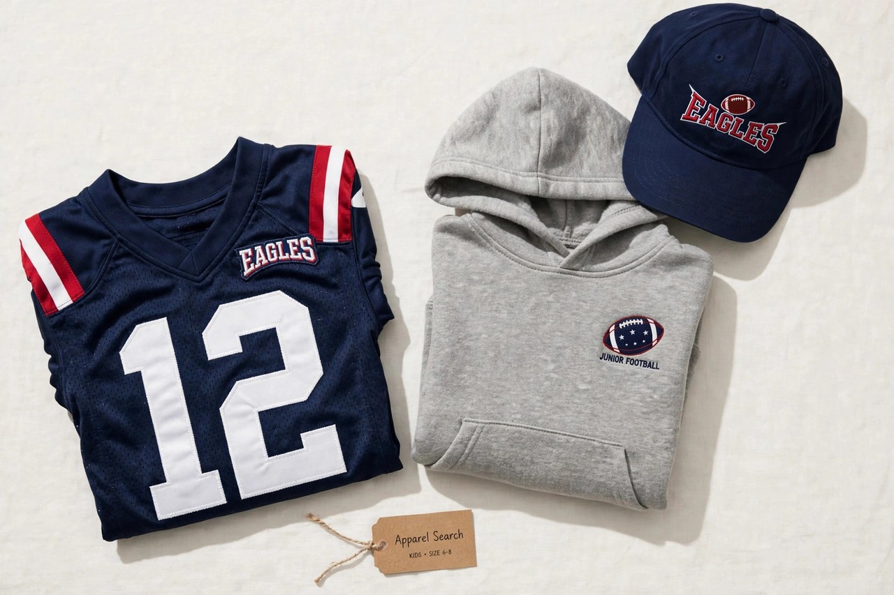 A flat lay of children's American football fan clothing products only - a folded kids team-style jersey, a hooded sweatshirt and a cap laid flat with a small Apparel Search tag, product photography with no people, no children and no mannequins