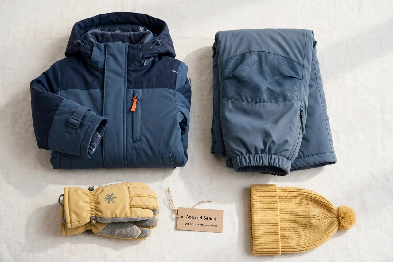 A flat lay of children's winter outerwear products only - a folded kids ski jacket, snow pants, gloves and a knit hat laid flat with a small Apparel Search tag, product photography with no people, no children and no mannequins