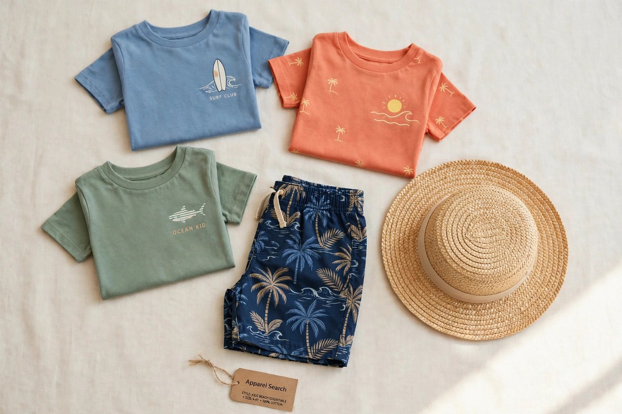A flat lay of children's beach and surf-style clothing products only - folded kids t-shirts, board shorts and a sun hat laid flat with a small Apparel Search tag, product photography with no people, no children and no mannequins