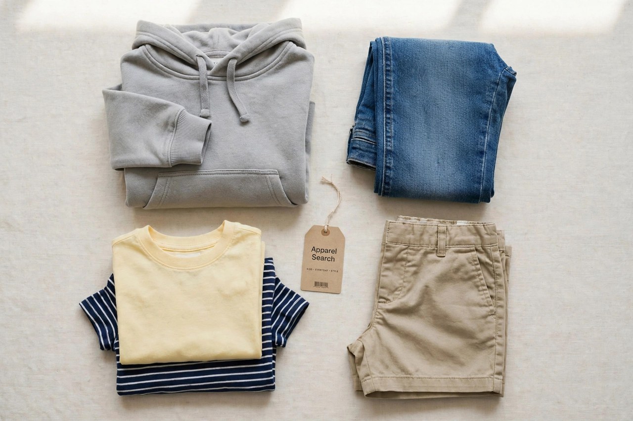A flat lay of children's everyday clothing products only - folded kids t-shirts, jeans, shorts and a hoodie laid flat with a small Apparel Search tag, product photography with no people, no children and no mannequins
