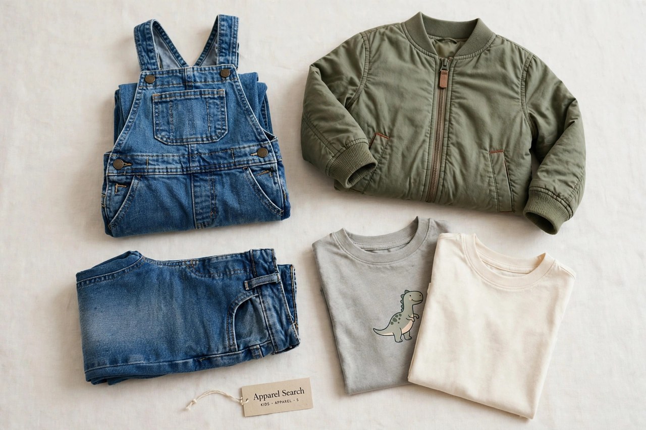 A flat lay of children's clothing products only - folded kids overalls, denim jeans, t-shirts and a jacket laid flat with a small Apparel Search tag, product photography with no people, no children and no mannequins