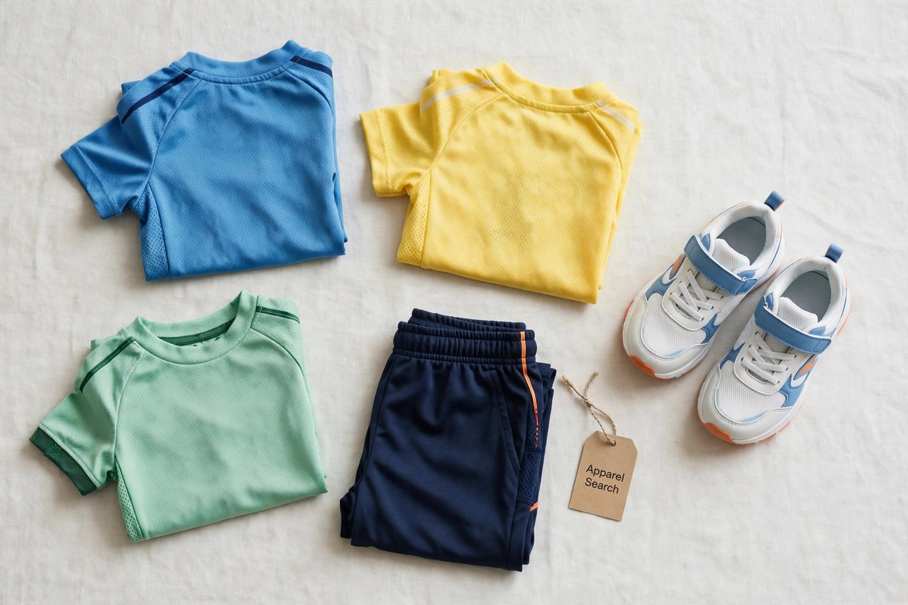 A flat lay of children's sport-style clothing products only - folded kids athletic tops, shorts and sneakers as products laid flat with a small Apparel Search tag, product photography with no people, no children and no mannequins