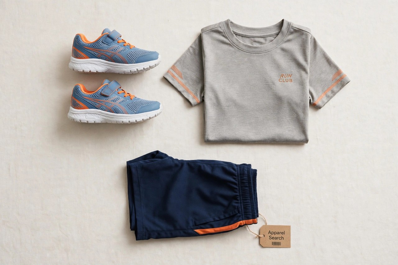 A flat lay of children's sports products only - a pair of small kids running shoes, folded children's shorts and a kids sports t-shirt laid flat with a small Apparel Search tag, product photography with no people, no children and no mannequins