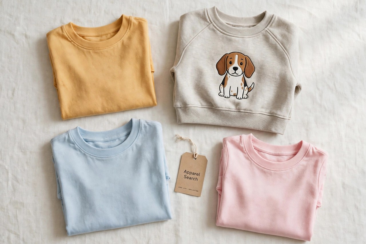 A flat lay of children's clothing products only - folded kids t-shirts and a small sweatshirt with a simple beagle-style print laid flat with a small Apparel Search tag, product photography with no people, no children and no mannequins