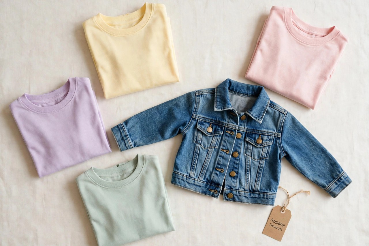 A flat lay of children's and girls clothing products only - folded girls t-shirts in soft colours and a small denim jacket laid flat with a small Apparel Search tag, product photography with no people, no children and no mannequins