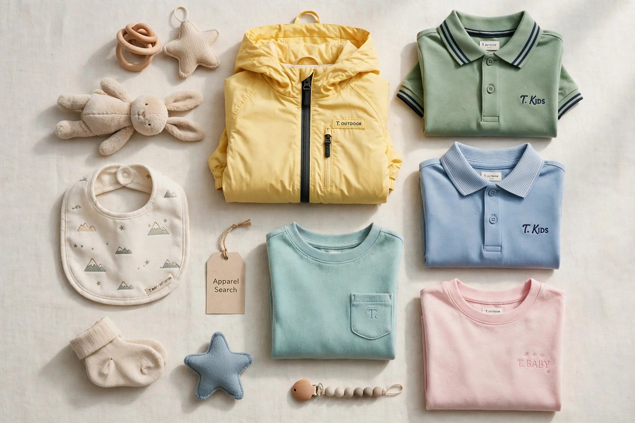 A flat lay of children's clothing from the T brands as products only - soft baby toys and gear, folded kids tops, a small outdoor jacket and kids polo shirts arranged together with a small Apparel Search tag, product photography with no people, no children and no mannequins