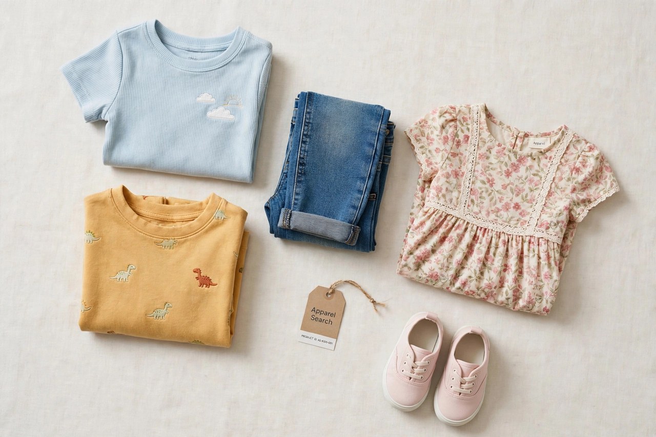 A flat lay of children's clothing products only - folded kids tops, small jeans, a girls dress and tiny shoes arranged neatly with a small Apparel Search tag, product photography with no people, no children and no mannequins