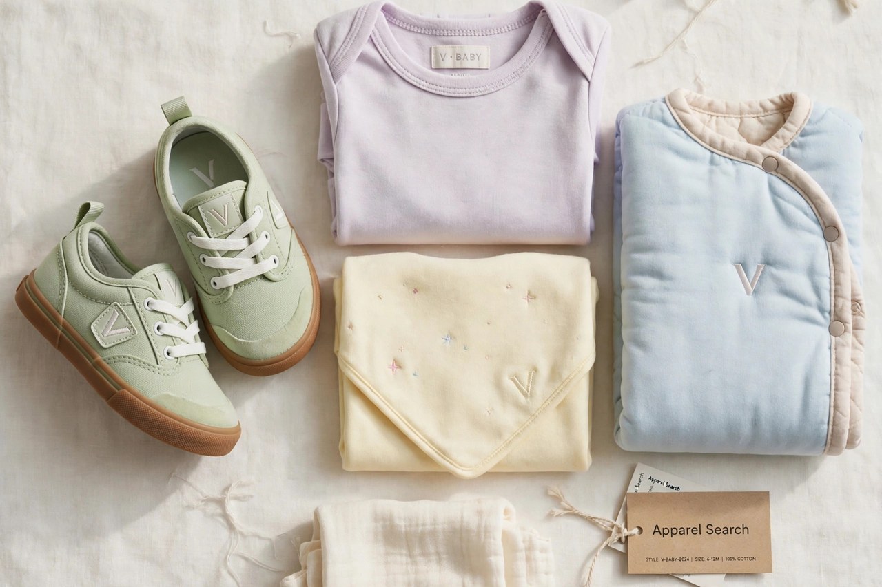 A flat lay of children's products from the V brands only - a pair of small skateboarding shoes beside folded pastel baby layette pieces and tiny sleepwear arranged together with a small Apparel Search tag, product photography with no people, no children and no mannequins