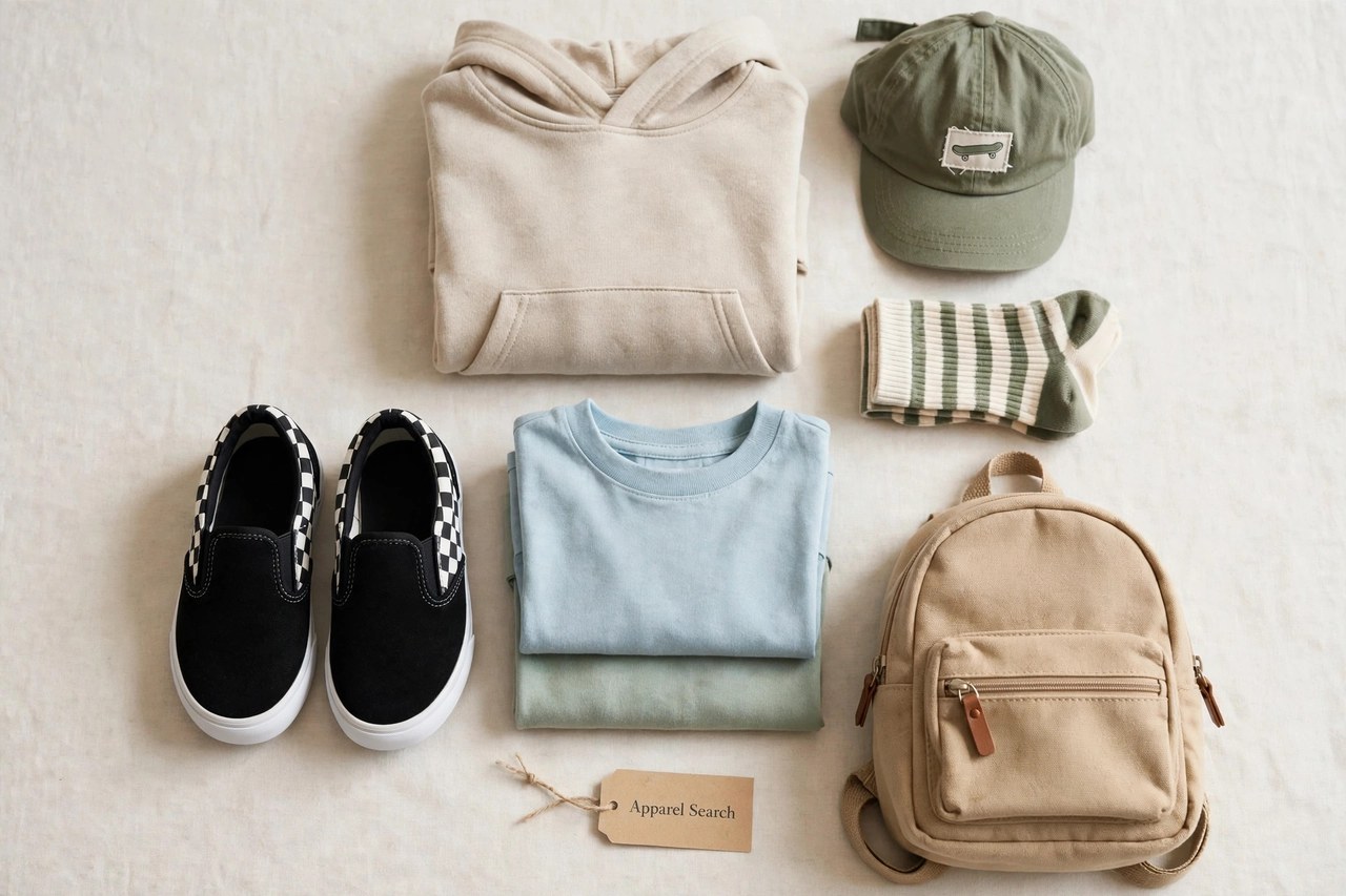 A flat lay of children's skate shoe products only - a pair of small slip-on skateboarding shoes beside folded kids t-shirts, a hoodie, socks, a cap and a small backpack arranged neatly with a small Apparel Search tag, product photography with no people, no children and no mannequins