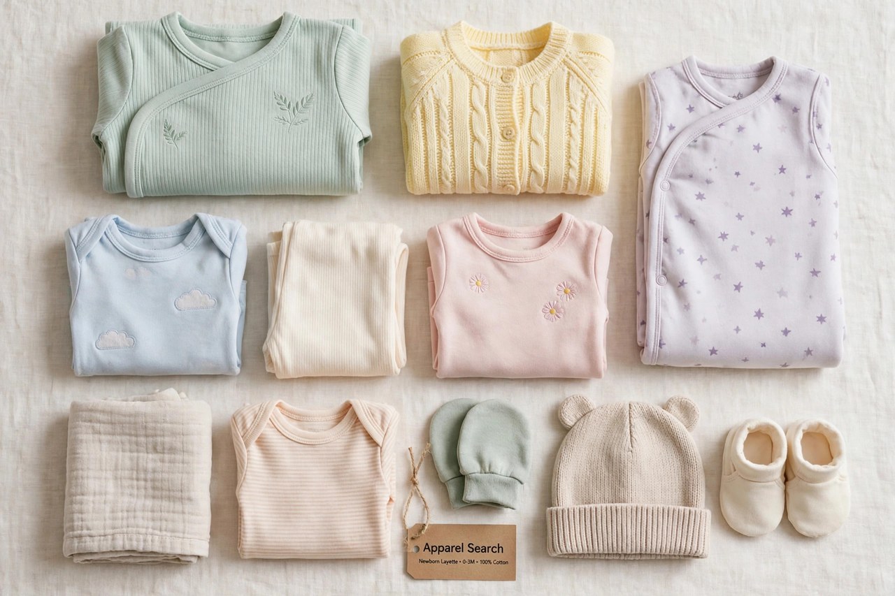 A flat lay of baby clothing products only - folded newborn layette sets, tiny infant outfits and soft sleepwear in pastel colours arranged neatly with a small Apparel Search tag, product photography with no people, no babies, no children and no mannequins