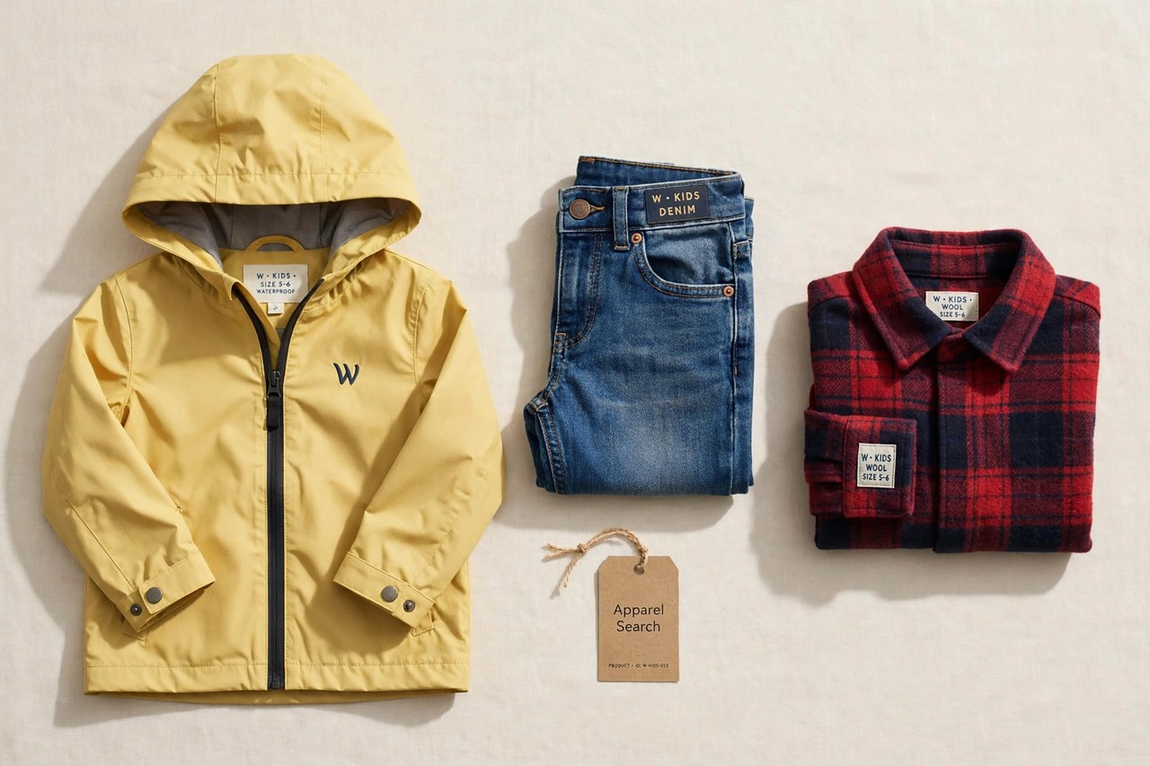 A flat lay of children's products from the W brands only - a small hooded rain jacket beside folded small denim jeans and a folded plaid wool shirt arranged together with a small Apparel Search tag, product photography with no people, no children and no mannequins