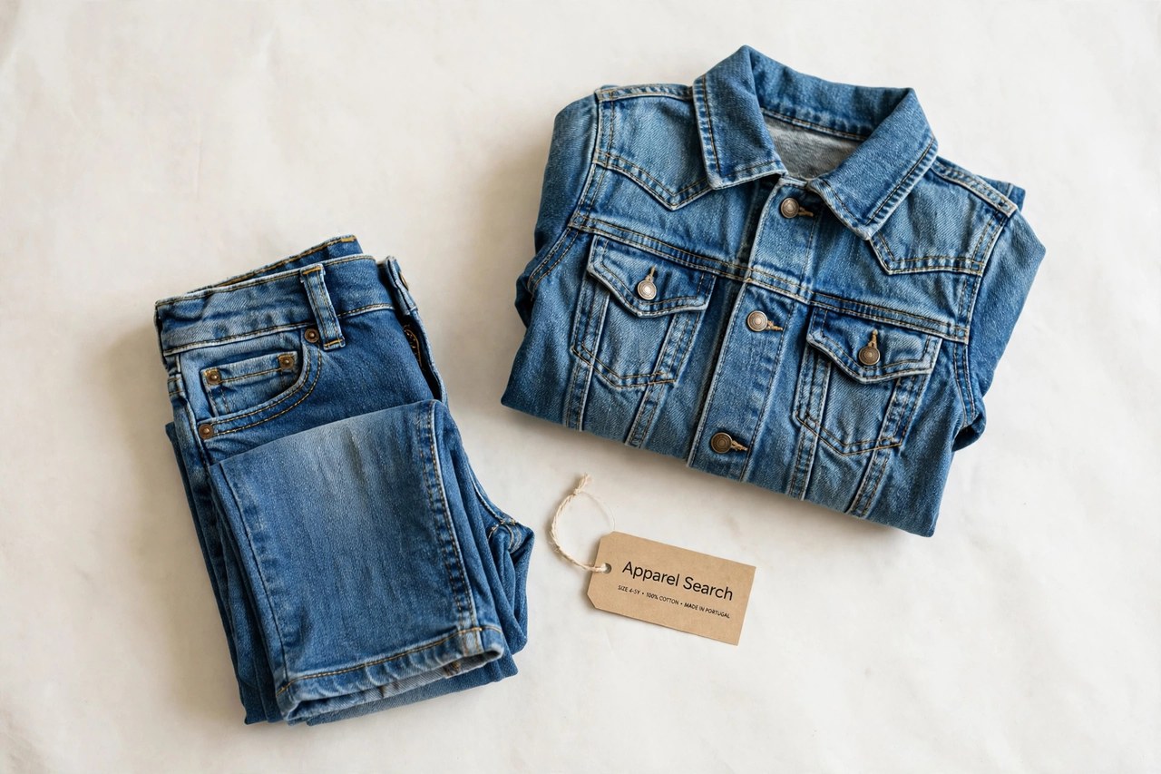 A flat lay of children's denim products only - folded small blue denim jeans and a small denim jacket in classic western styling arranged neatly with a small Apparel Search tag, product photography with no people, no children and no mannequins