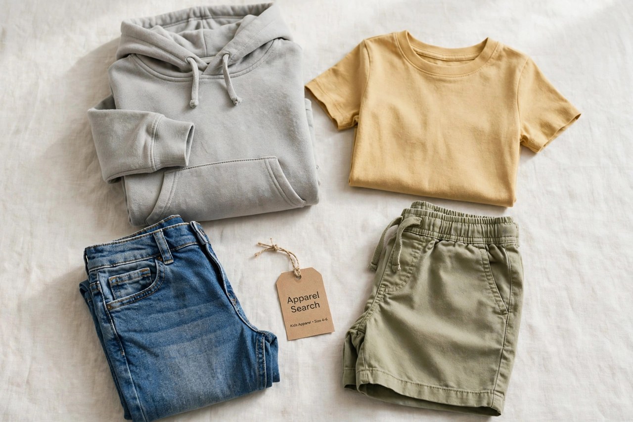 A flat lay of children's clothing products only - folded kids hoodies, t-shirts, shorts and jeans arranged together with a small Apparel Search tag, product photography with no people, no children and no mannequins