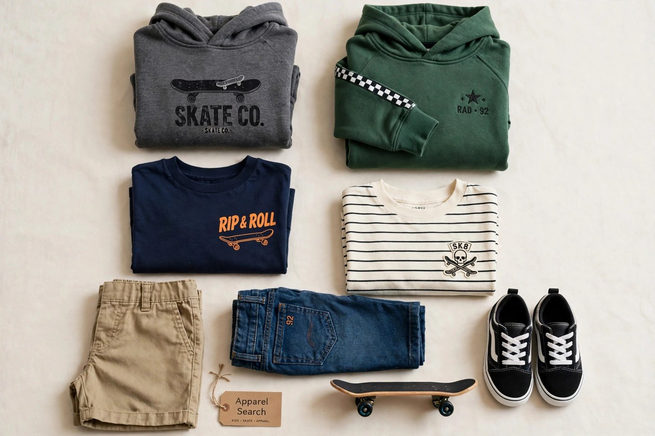 A flat lay of children's clothing products only - folded boys skate-style hoodies, t-shirts, shorts and sneakers arranged neatly with a small skateboard and a small Apparel Search tag, product photography with no people, no children and no mannequins