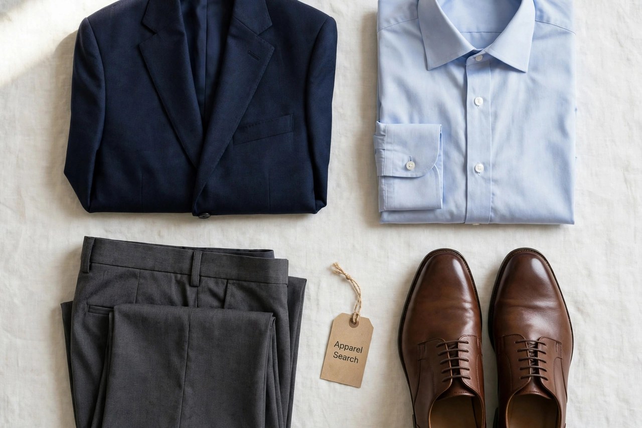 A flat lay of men's wear-to-work clothing products only - a folded dress shirt, tailored trousers, a blazer and leather dress shoes arranged neatly with a small Apparel Search tag, product photography with no people and no mannequins