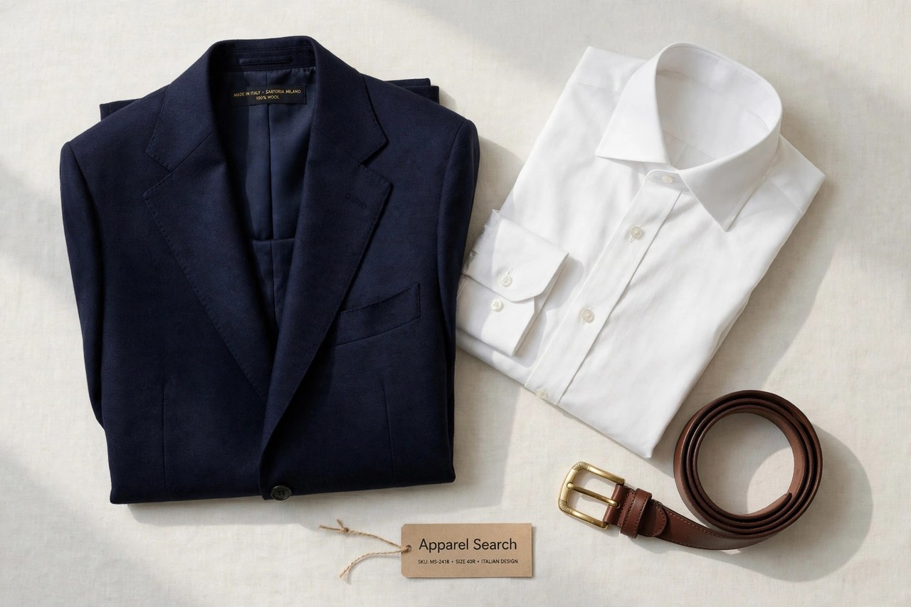 A flat lay of men's Italian designer clothing products only - a folded tailored suit jacket, a dress shirt and a leather belt arranged neatly with a small Apparel Search tag, product photography with no people and no mannequins