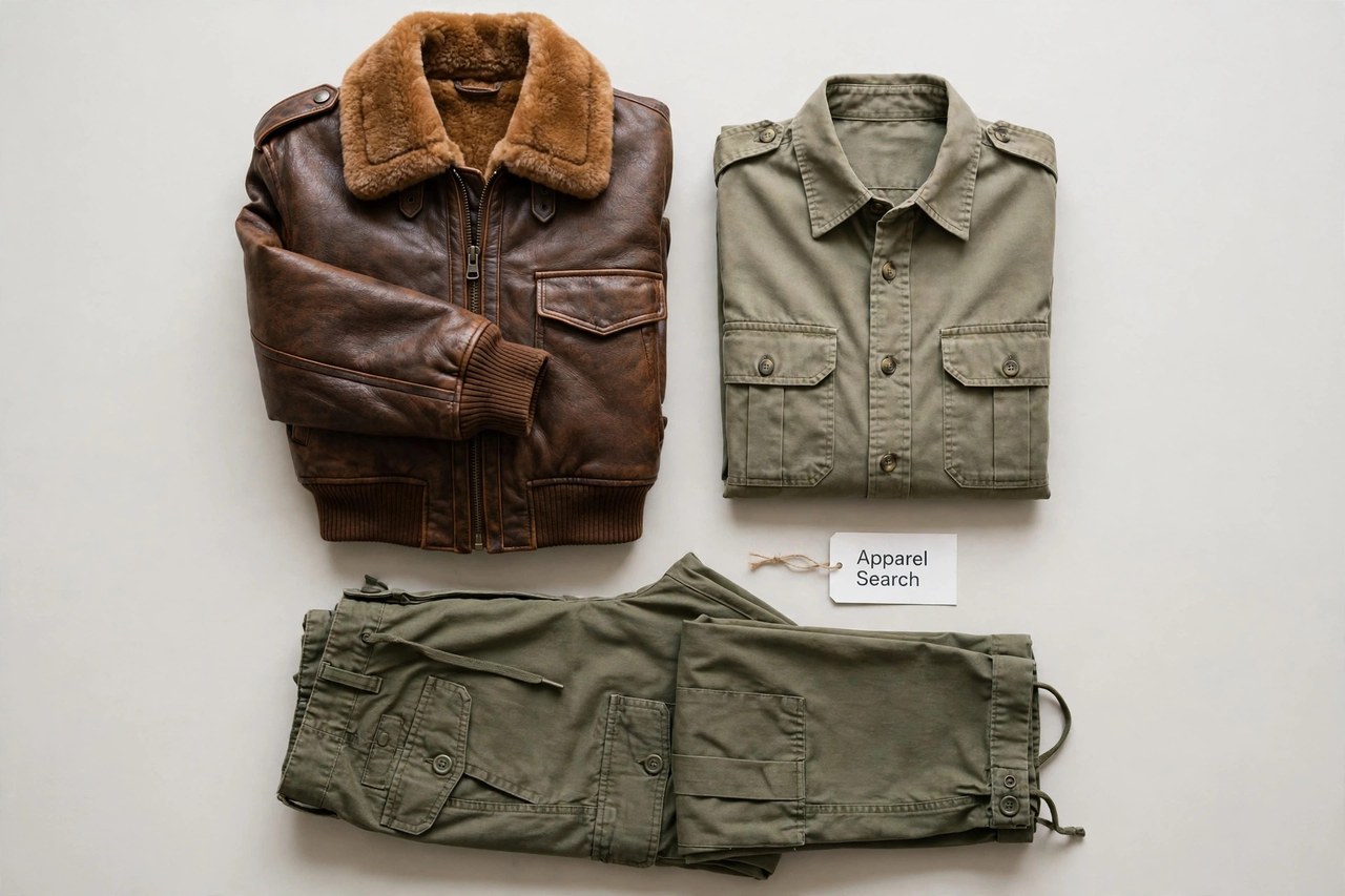A flat lay of men's military-style clothing products only - a folded leather flight jacket, an aviator-style shirt and cargo trousers arranged neatly with a small Apparel Search tag, product photography with no people and no mannequins