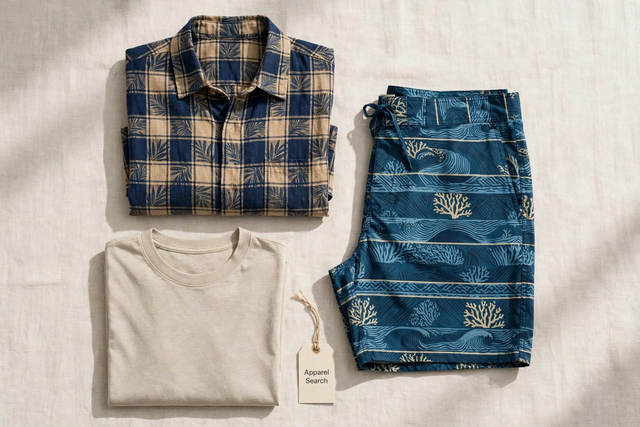 A flat lay of men's surf-inspired clothing products only - a folded casual shirt, board shorts and a t-shirt arranged neatly with a small Apparel Search tag, product photography with no people and no mannequins