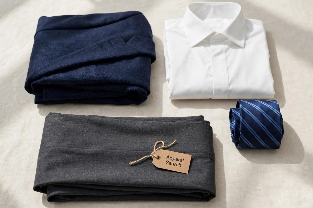 A flat lay of men's tailored clothing products only - a folded suit jacket, dress shirt, tie and trousers arranged neatly with a small Apparel Search tag, product photography with no people and no mannequins