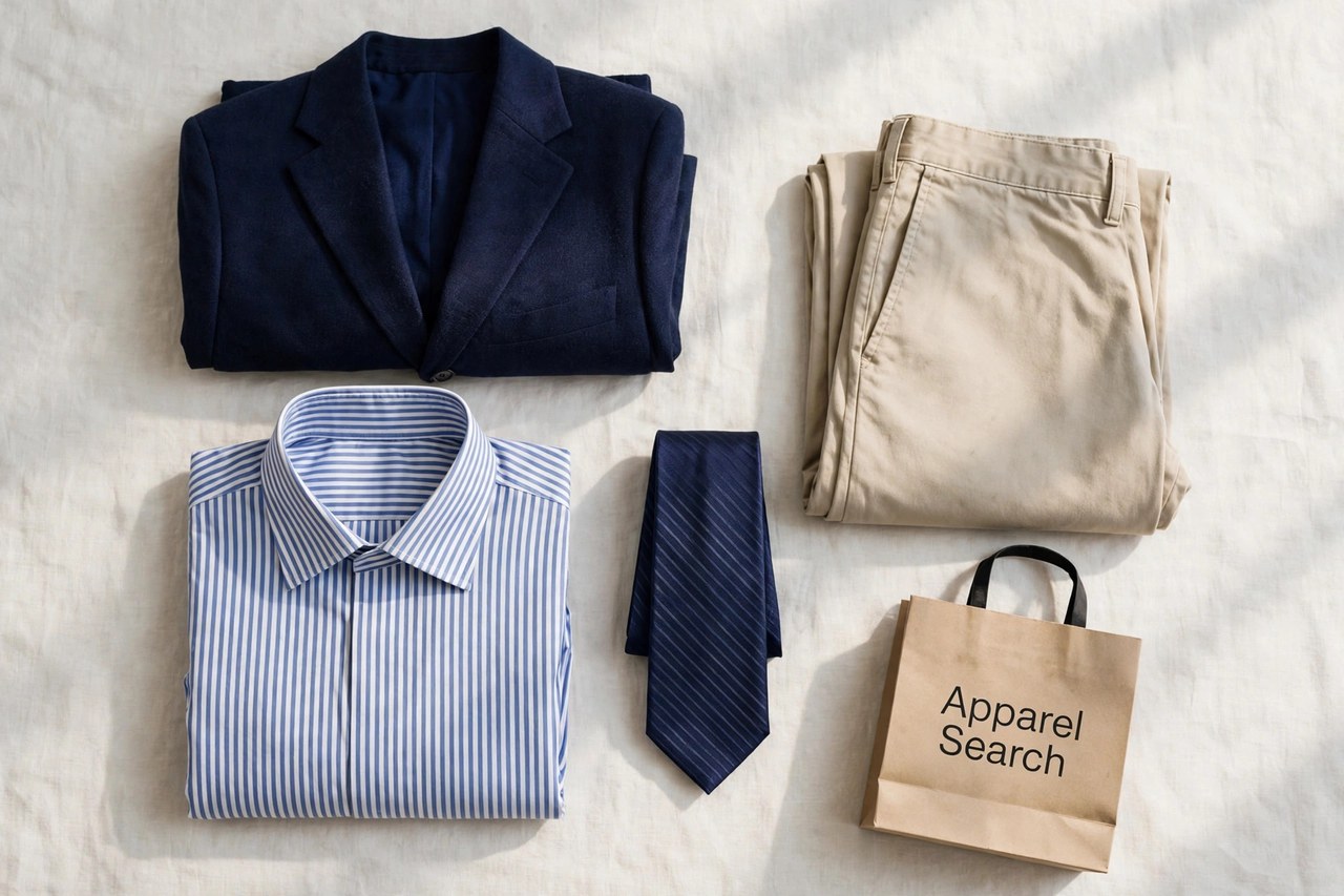 A flat lay of men's classic clothing products only - a folded navy blazer, striped dress shirt, tie and chinos arranged neatly with a small Apparel Search shopping bag, product photography with no people and no mannequins