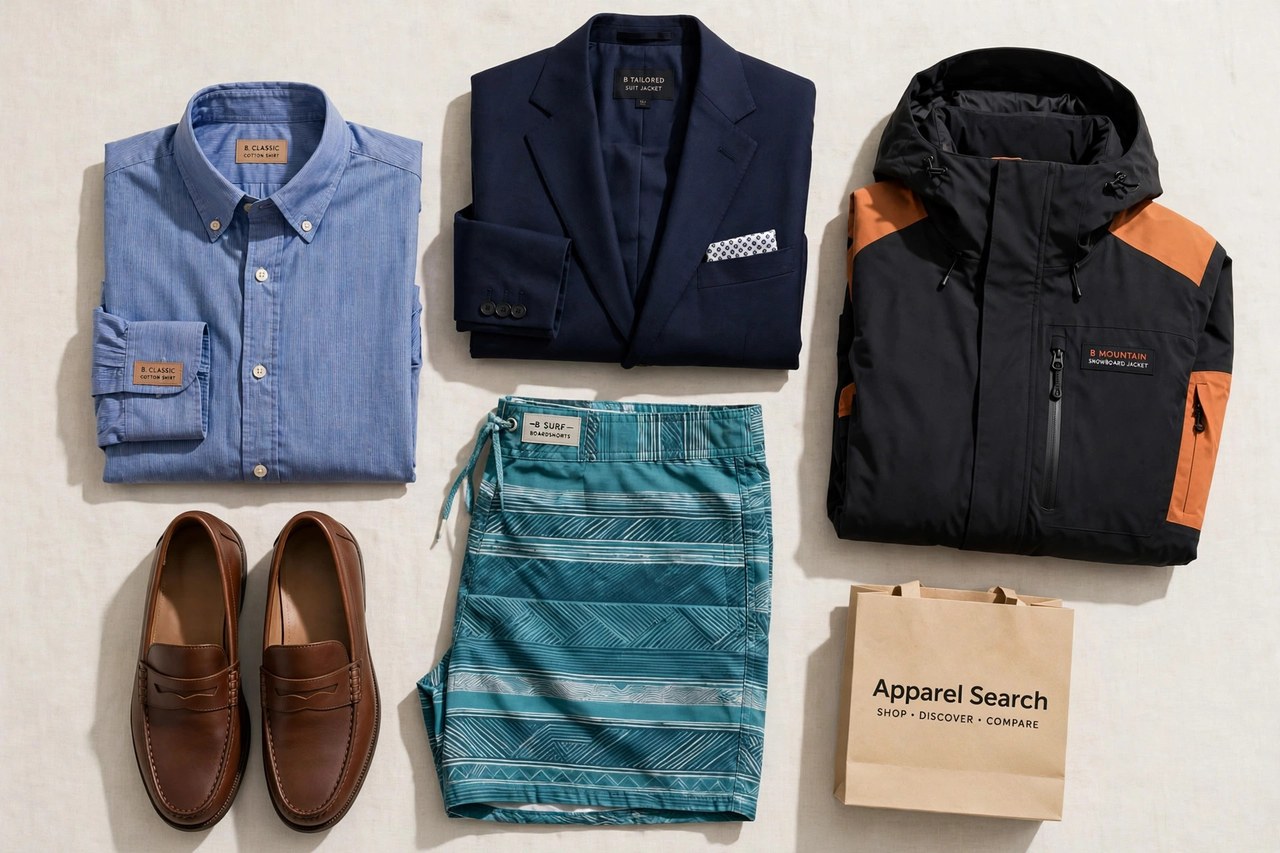 A flat lay of men's clothing from the B brands as products only - leather loafers, a button-down shirt, board shorts, a suit jacket and a snowboard jacket arranged together with a small Apparel Search shopping bag, product photography with no people and no mannequins