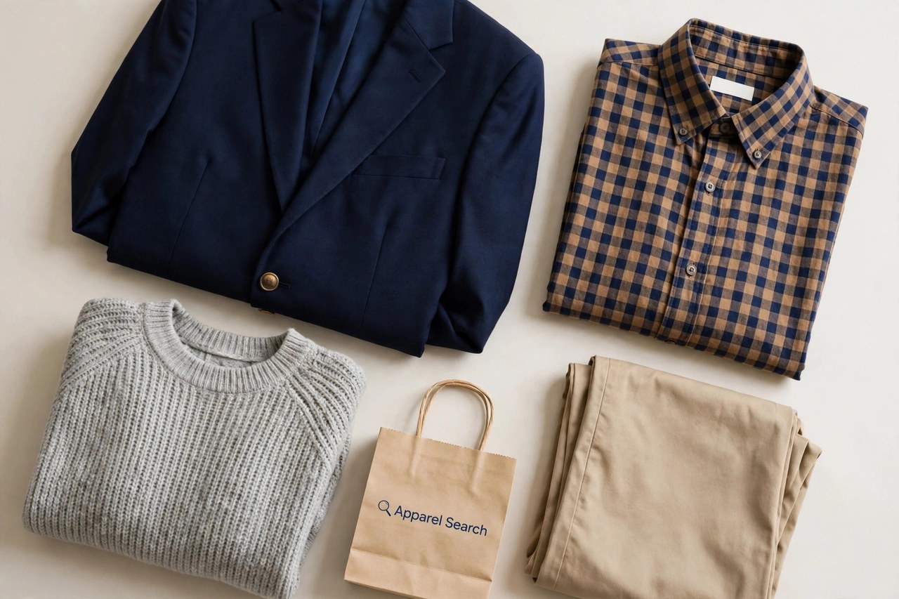 A flat lay of men's classic clothing products only - a folded checked sport shirt, chinos, a sweater and a blazer arranged neatly with a small Apparel Search shopping bag, product photography with no people and no mannequins