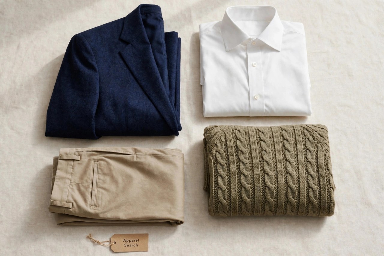 A flat lay of men's clothing products only - a folded suit jacket, dress shirt, knit sweater and trousers arranged neatly with a small Apparel Search tag, product photography with no people and no mannequins