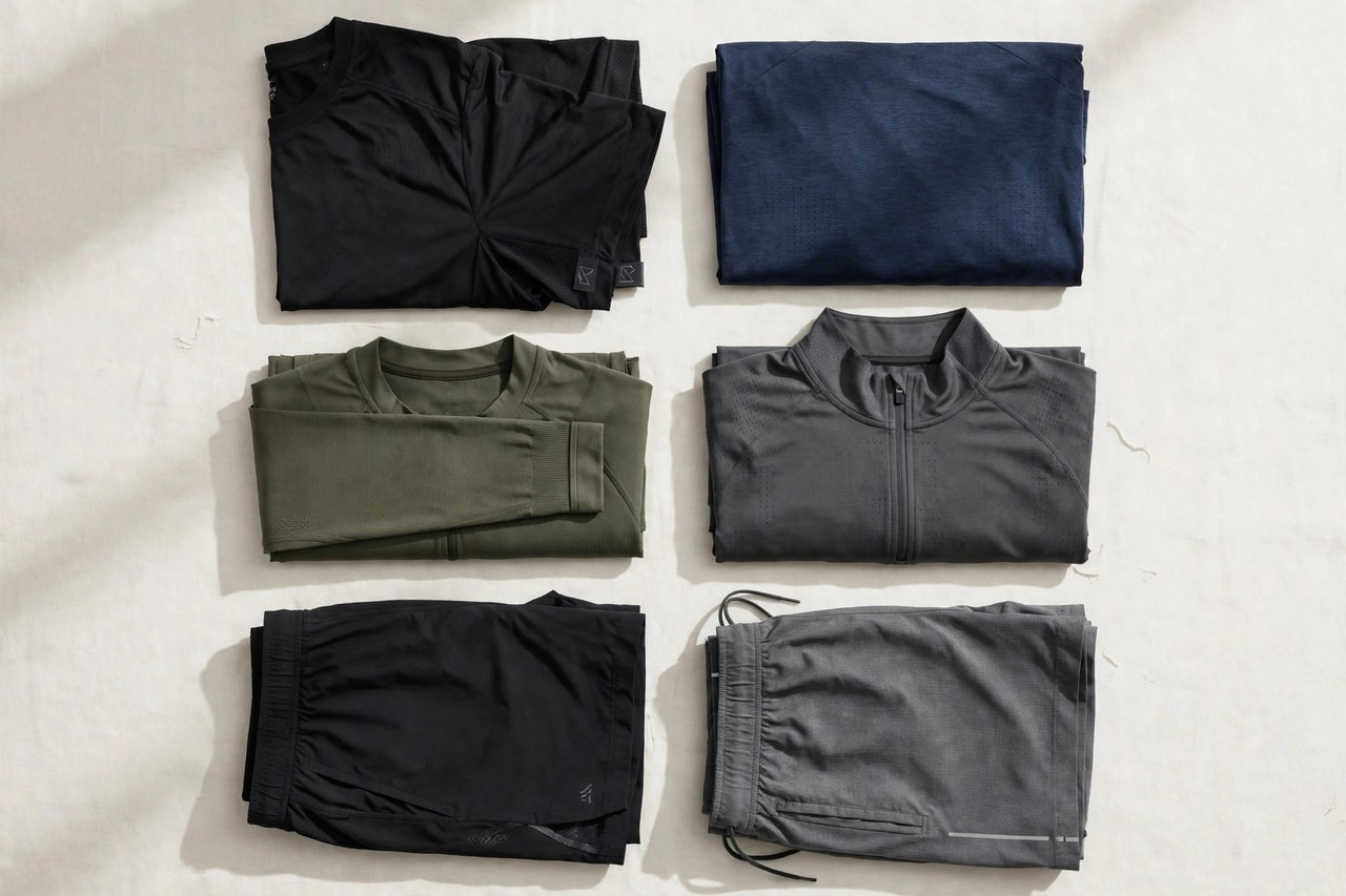 A flat lay of men's performance clothing products only - folded athletic t-shirts, shorts and base layer tops in technical fabrics arranged neatly on a clean background, product photography with no people and no mannequins