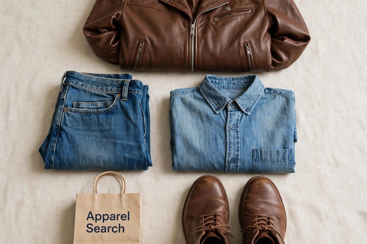A flat lay of men's denim clothing products only - folded jeans, a leather jacket, a denim shirt and boots arranged neatly with a small Apparel Search shopping bag, product photography with no people and no mannequins