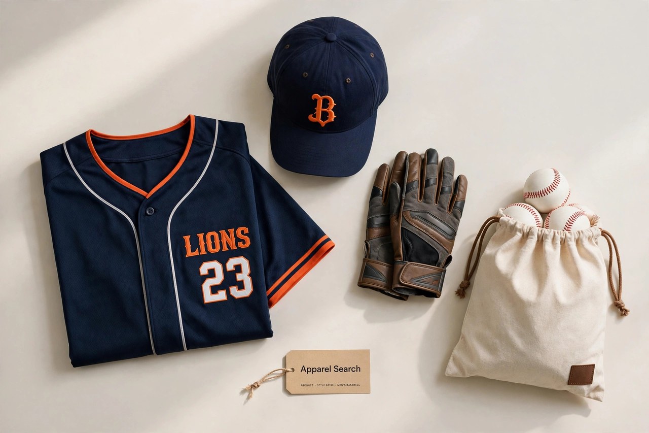 A flat lay of men's baseball apparel products only - a folded team jersey, a cap, batting gloves and a ball bag arranged neatly with a small Apparel Search tag, product photography with no people and no mannequins