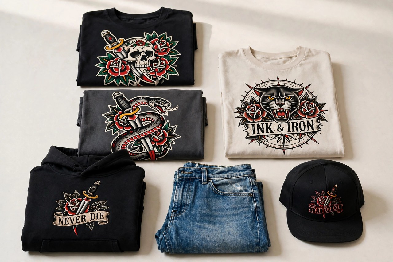 A flat lay of men's tattoo-art clothing products only - folded graphic t-shirts with bold artwork, a hoodie, jeans and a cap arranged neatly, product photography with no people and no mannequins