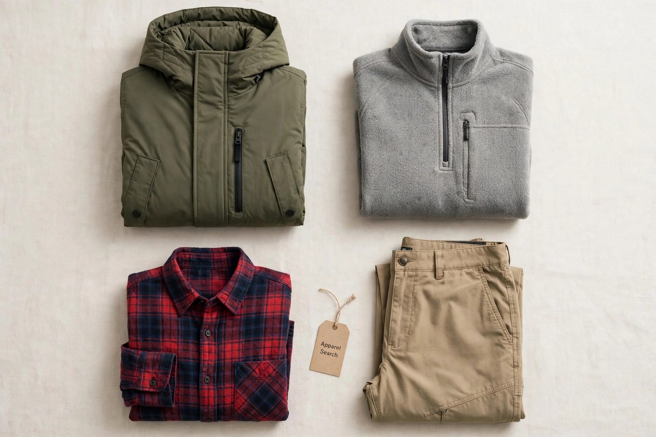 A flat lay of men's outdoor clothing products only - a folded parka, a fleece pullover, flannel shirts and hiking pants arranged neatly with a small Apparel Search tag, product photography with no people and no mannequins