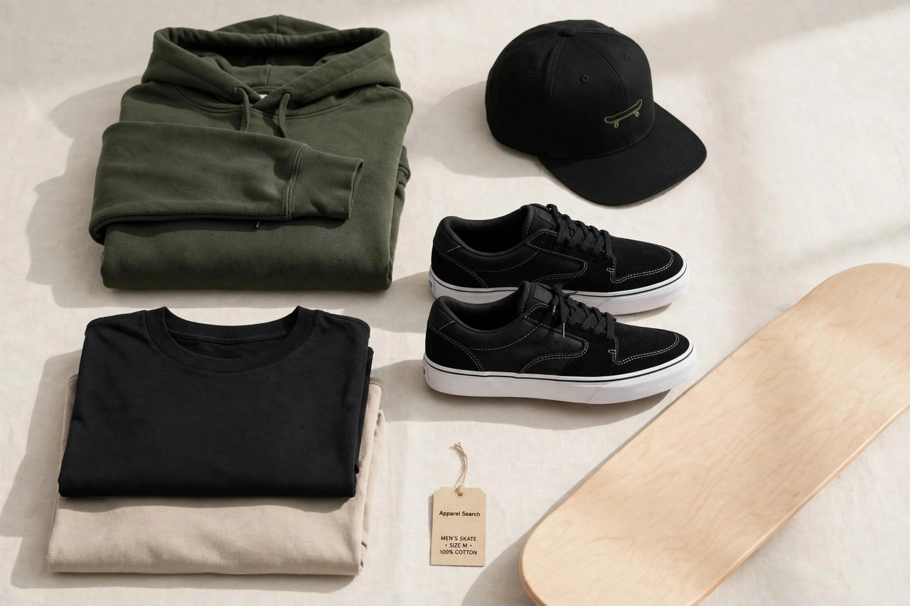 A flat lay of men's skate clothing products only - a folded hoodie, t-shirts, skate shoes and a cap arranged neatly beside a plain skateboard deck with a small Apparel Search tag, product photography with no people and no mannequins