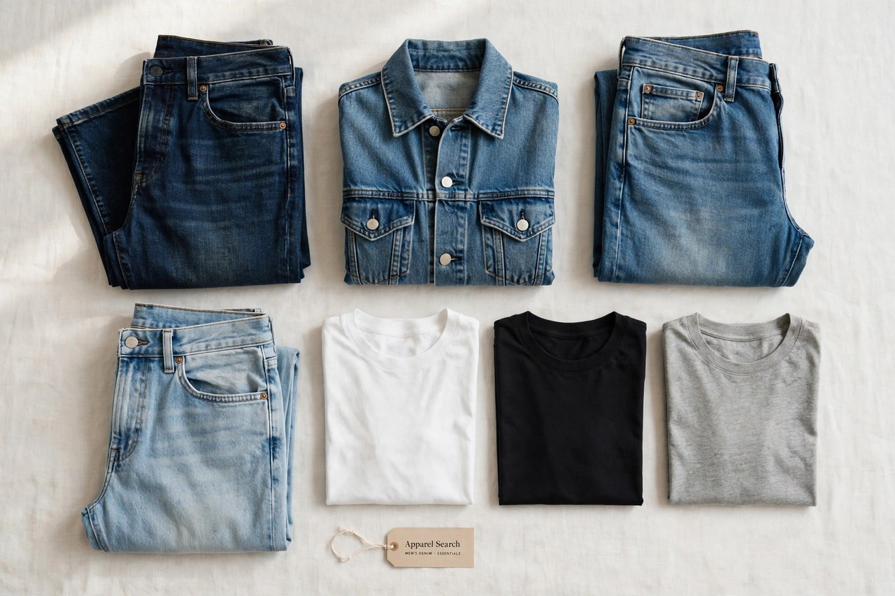 A flat lay of men's denim clothing products only - folded jeans in several washes, a denim jacket and t-shirts arranged neatly with a small Apparel Search tag, product photography with no people and no mannequins