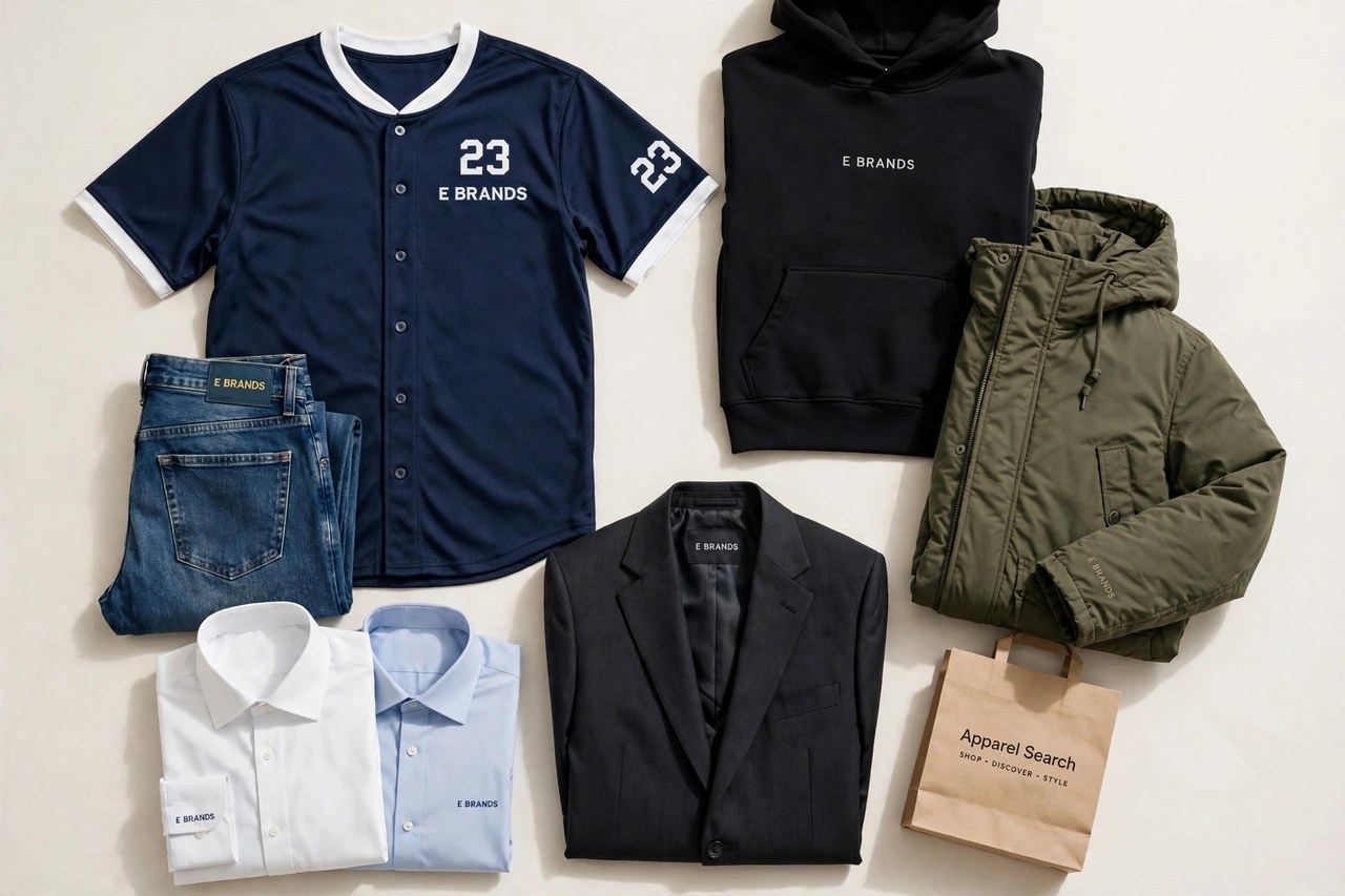 A flat lay of men's clothing from the E brands as products only - a baseball jersey, a hoodie, a parka, folded jeans, a suit jacket and dress shirts arranged together with a small Apparel Search shopping bag, product photography with no people and no mannequins