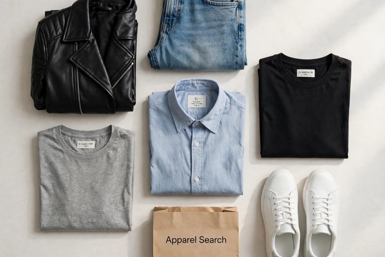 A flat lay of men's clothing from the G brands as products only - folded t-shirts, tailored shirts, stonewashed jeans, a leather jacket and sneakers arranged together with a small Apparel Search shopping bag, product photography with no people and no mannequins
