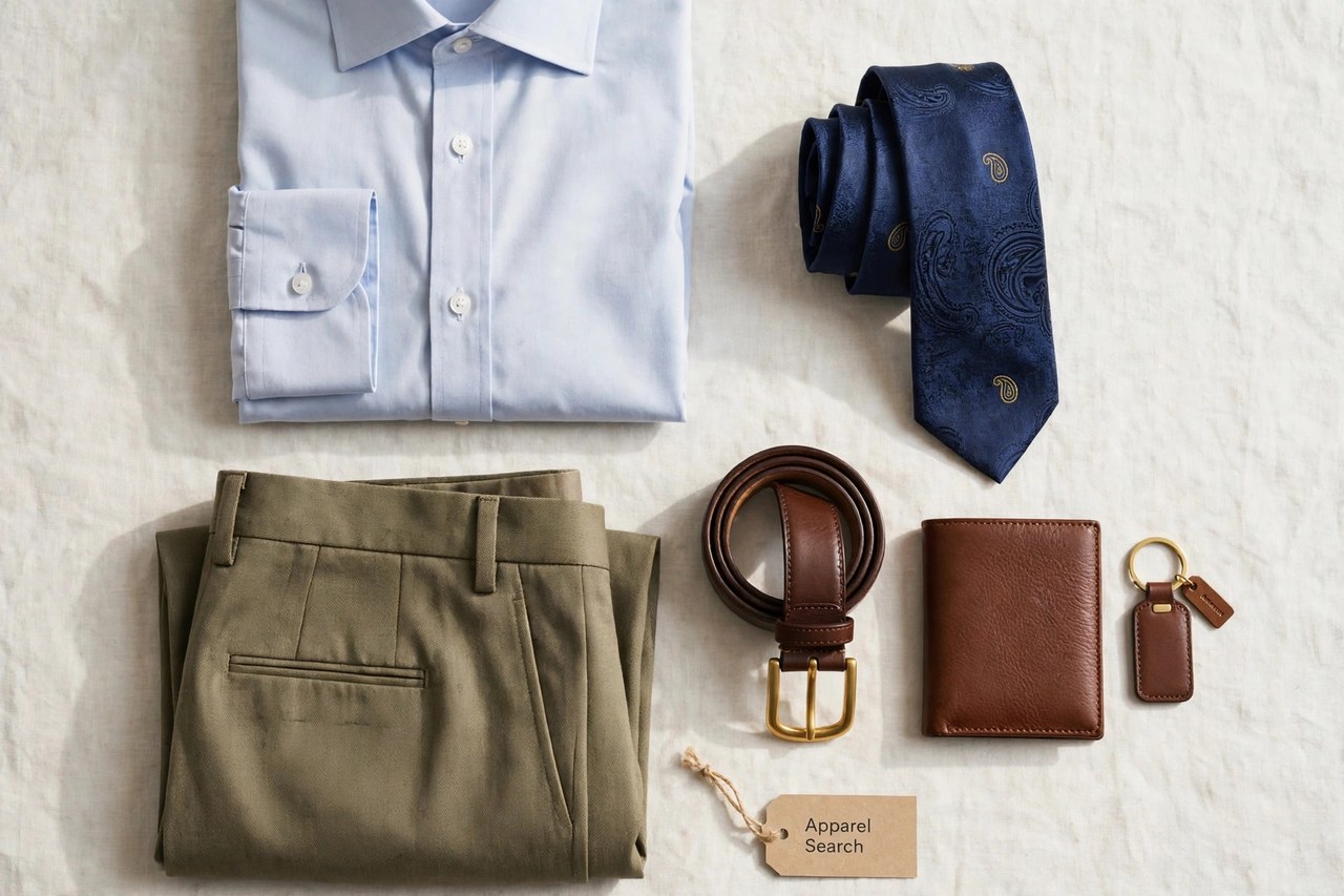 A flat lay of men's tailored products only - a folded dress shirt, a silk necktie, tailored trousers and leather accessories arranged neatly with a small Apparel Search tag, product photography with no people and no mannequins