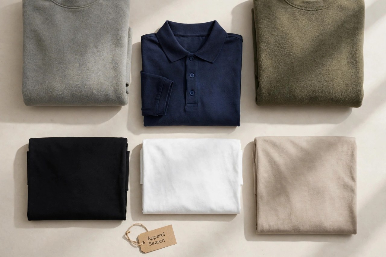 A flat lay of men's blank basics products only - folded plain t-shirts, a polo shirt and fleece sweatshirts in plain colors arranged neatly with a small Apparel Search tag, product photography with no people and no mannequins