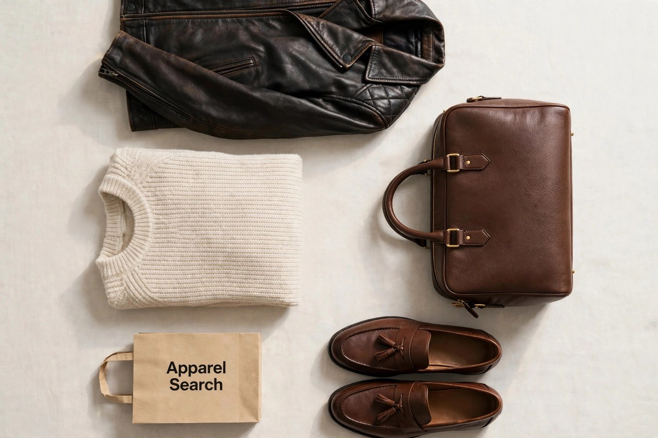 A flat lay of men's luxury products only - a leather jacket, leather loafers, a leather bag and folded knitwear arranged neatly with a small Apparel Search shopping bag, product photography with no people and no mannequins