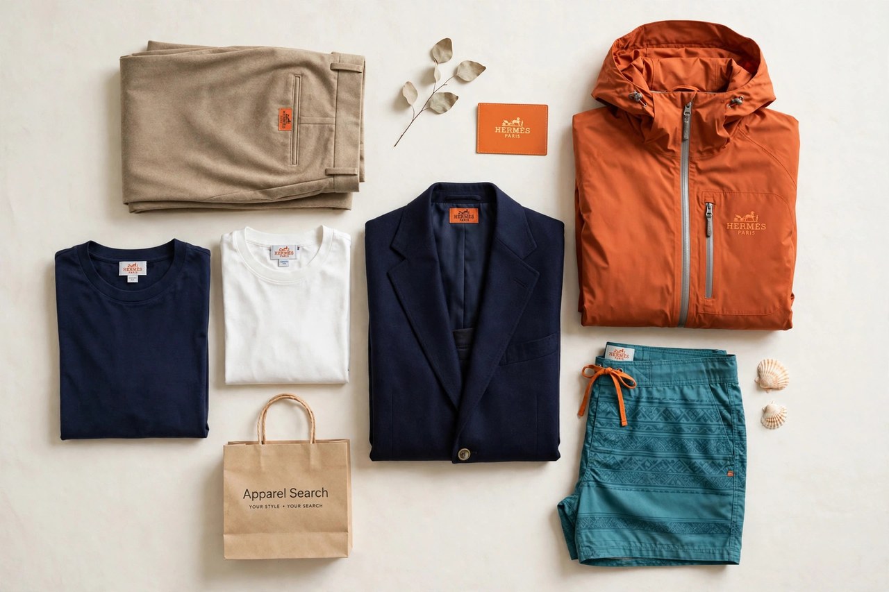 A flat lay of men's clothing from the H brands as products only - folded trousers, t-shirts, an outdoor jacket, a suit jacket and board shorts arranged together with a small Apparel Search shopping bag, product photography with no people and no mannequins